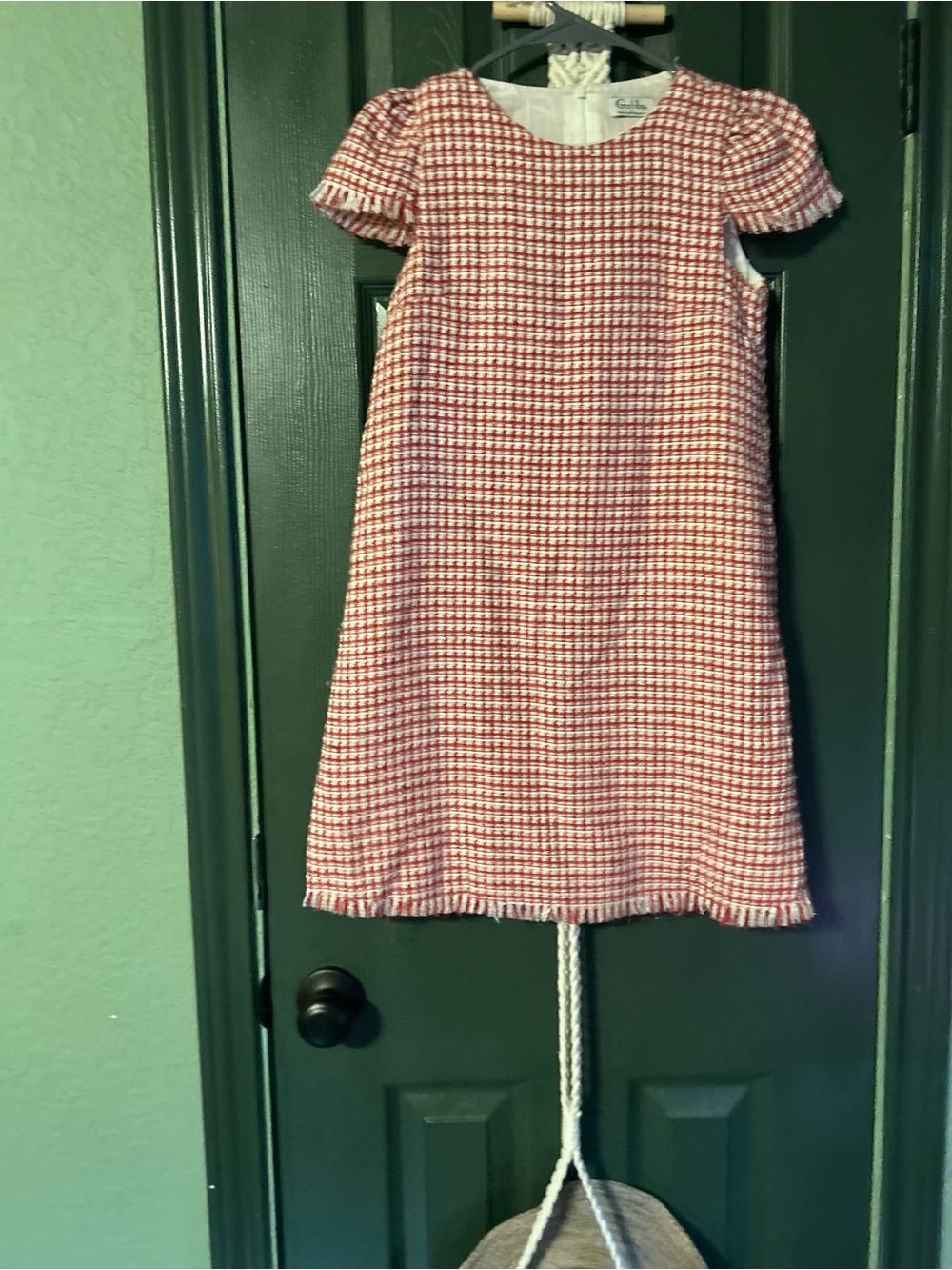 Girls Red & White Checked Shift Dress with Puff Sleeves